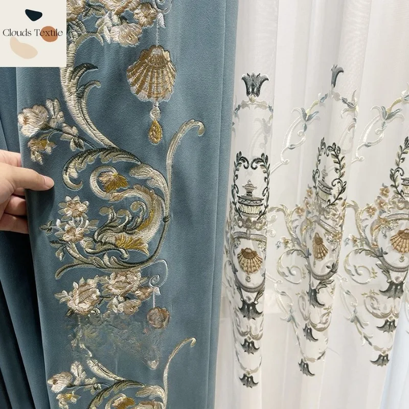 

Custom Size！！European-style Haze Blue Spliced Velvet Embroidered Blackout Curtains for Living Dining Room Bedroom Decor Window