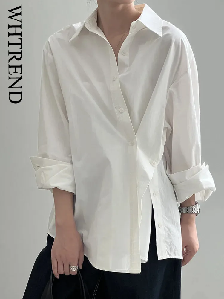 

WHTREND Irregular Side Slit Asymmetrical Button Shirt For Women Autumn New Korean Style Simple Long Sleeve Top WH1185