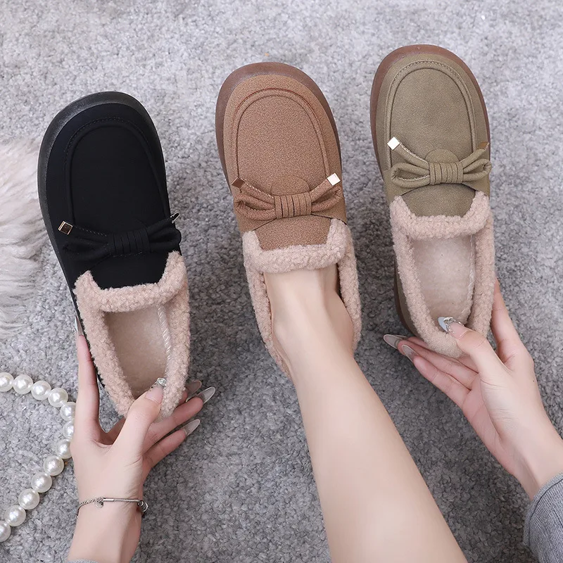 New Soft Sole Flat Low Top Non-slip Loafers Women Winter Casual Shoes Fashion Comfort Warm Plush Bow Slip on Female Cotton Shoes