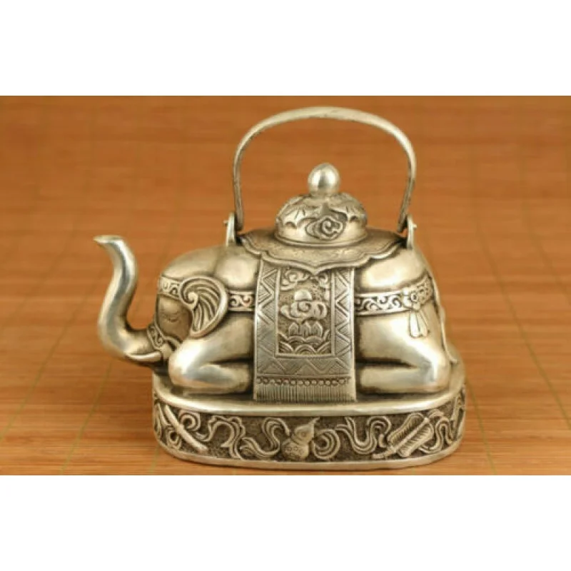 Antiques big chinese old Tibet silver elephant statue tea pot home decoration