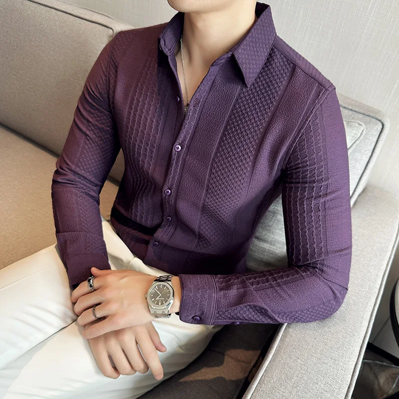 Luxury Jacquard Woven Long Sleeved Shirt for Men 2023 Autumn Casual Business Dress Shirts Slim Fit Social Party Tuxedo Blouse