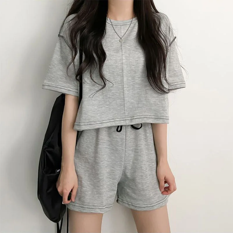 Two Piece Sets For Women O-neck T-shirts+Wide Leg Shorts Casual Tracksuits Solid Color 2024 Summer Female Korean Style Outfits