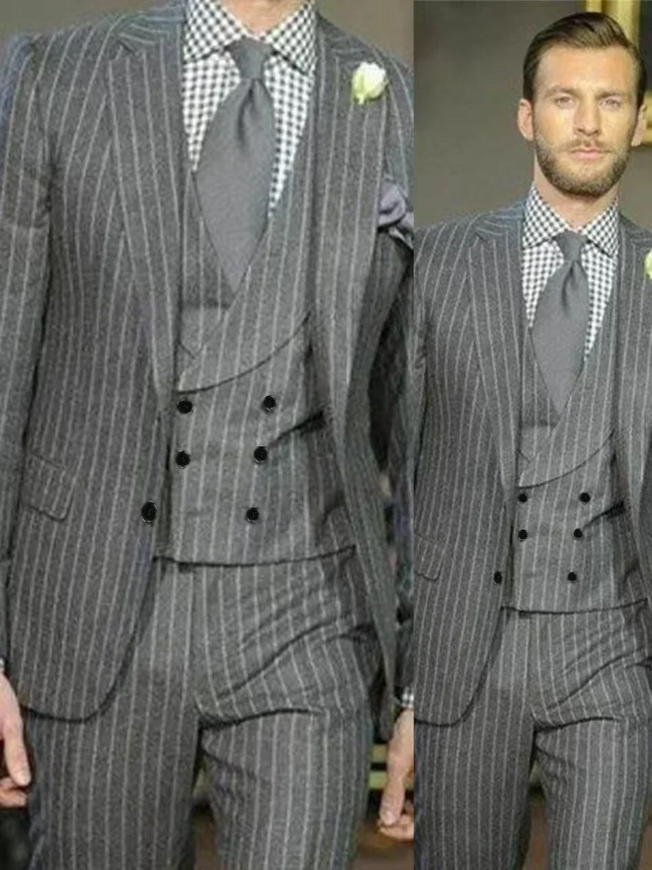 

Pinstripe Formal Men's Suit with Notched Lapel 3pcs Blazer, Vest Pant, Striped Tuxedo Set, Slim Fit for Wedding, Business, Prom