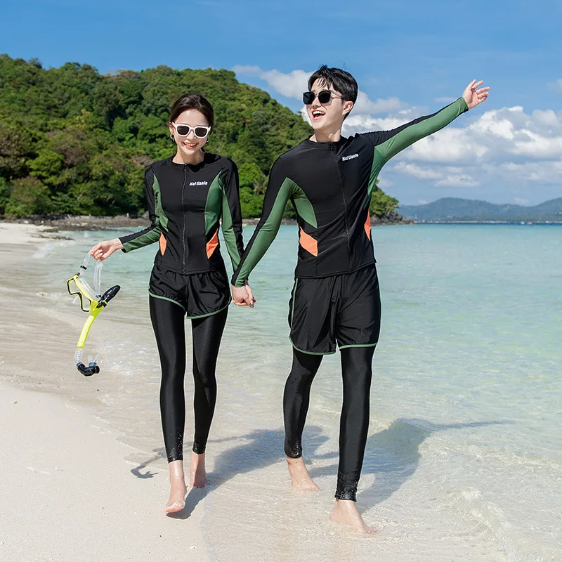 Women Men's 3-5 Piece Rash Guard Black Green Long Sleeve Zipper Swimsuit Bathing Suit Wetsuit Beach Wear Tankini Sets Tracksuit