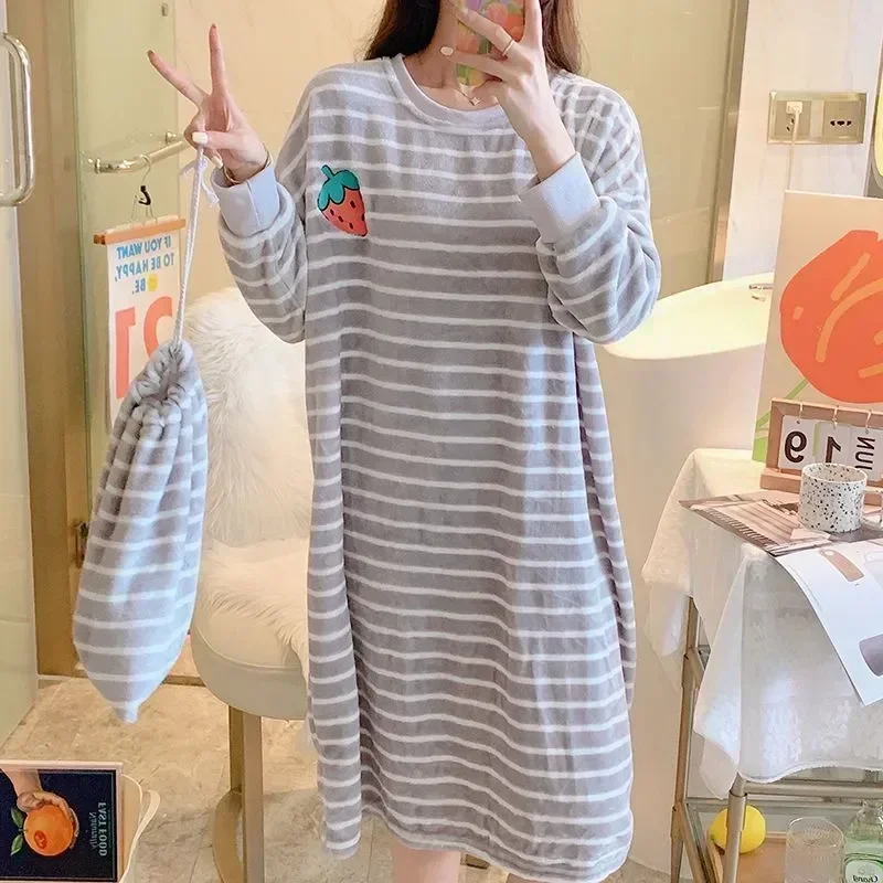 Long Womens Striped Sleeve Night Pajamas One Sleepwear Piece Winter Warm Embroidery Wear Nightgown Dress Korean Fleece Home 2023