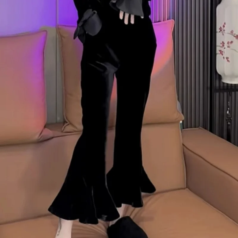 

Корейские модные бархатные теплые брюки до щиколотки, женские весенне-осенние черные однотонные расклешенные брюки с эластичной резинкой на талии, свободные брюки