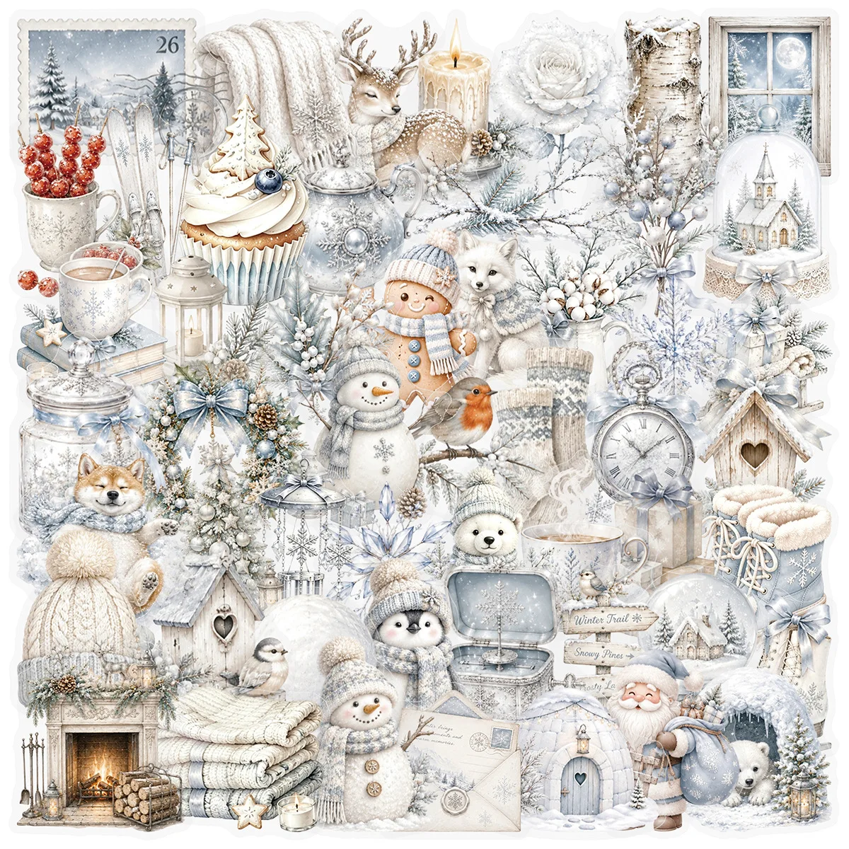 50Pcs Cartoon Winter Christmas Retro Stickers Snowy Scene Animal Waterproof Decals Scrapbook DIY Journal Decor