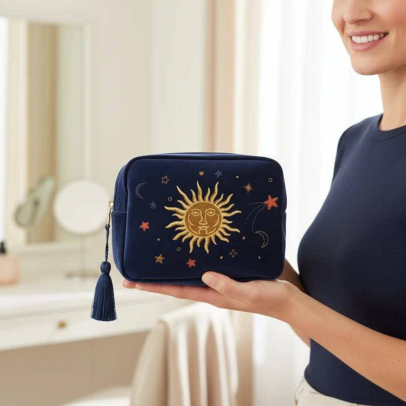 حقيبة مكياج محمولة مطبوعة برسوم كرتونية مخملية، منظم تخزين مستحضرات التجميل بسحاب، حقيبة غسيل للسفر، حقيبة مستحضرات التجميل