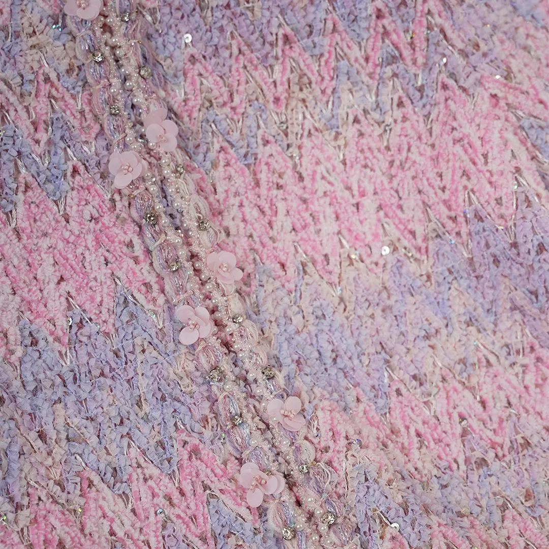 Pista designer feminino tweed vestido 2025 ol rosa pequeno perfumado lã lantejoulas pérola floral de manga curta solto vestido reto