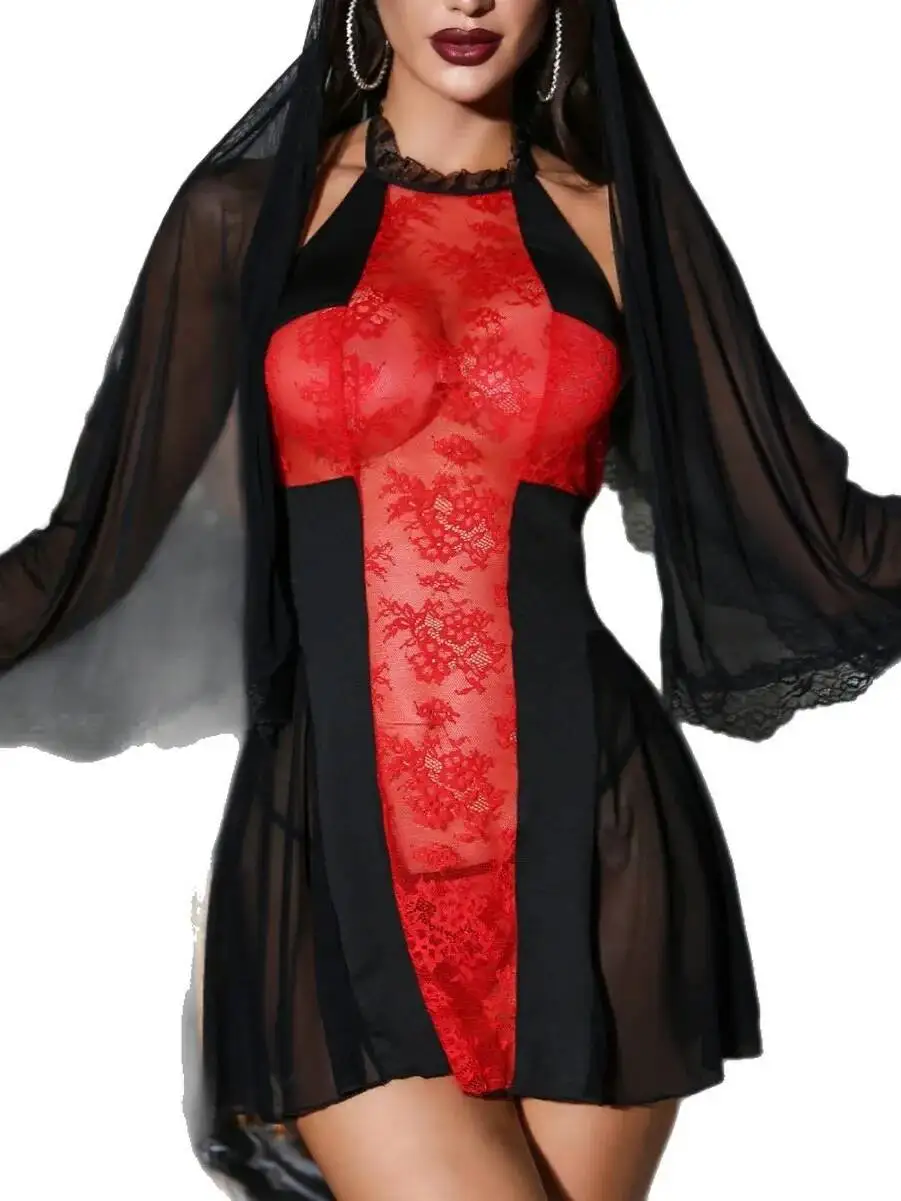 Sensational Red And Black Lace Babydoll Dress Elegant With Long Sleeves And Sheer Lace Mesh Detail Seductive Evening  Dress 2CME