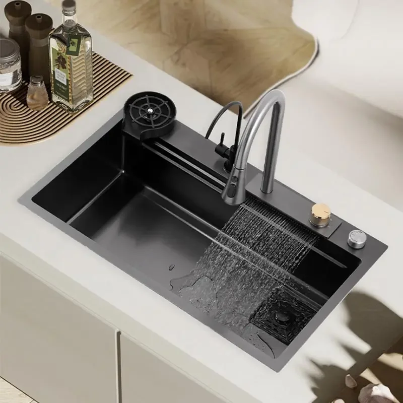 

Waterfall kitchen Sink Stainless Steel Apartment Nano Large Single Slot Multi-functional washing Basin With waterfall Faucet