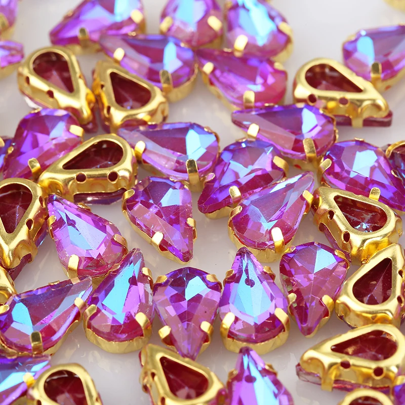 RESEN 50PCS 8x13mm Mocha Violet Sewing  Drop Stone Glass Crystal Rhinestone Gold Claw Settings Sew On Teardrop Stone for DIY