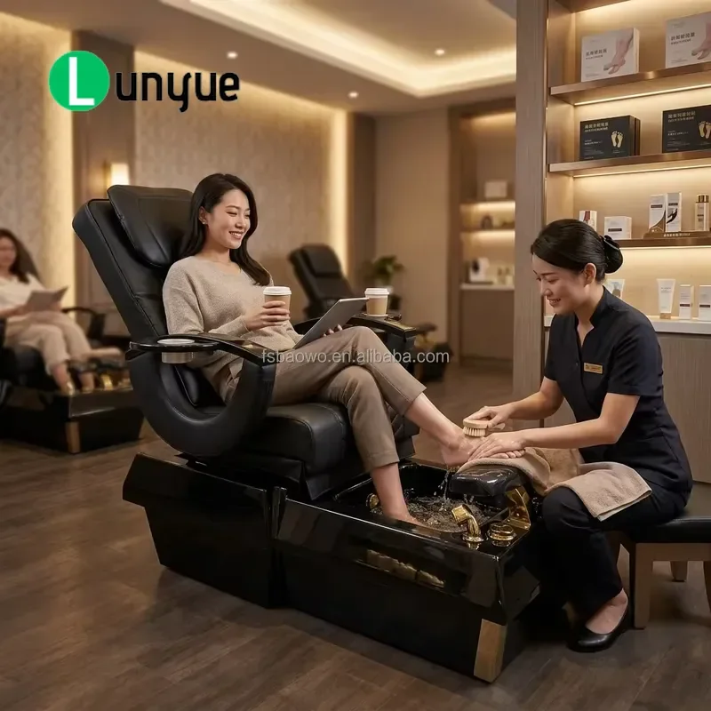 Multifunctional Deluxe Nail Spa Foot Chair Adjustable Seat with Vibration Function 7 Colors LED Light PU Leather for