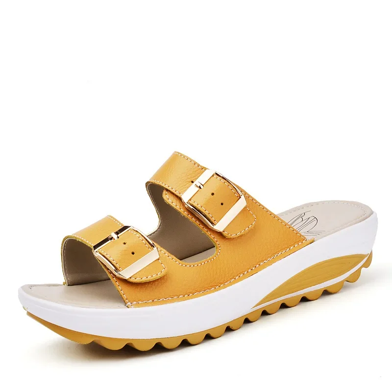 TIMETANG Summer Slippers Women Slides Sandals Genuine Leather Platform Wedges Slippers Open Toe Beach Slides Casual Sandallias