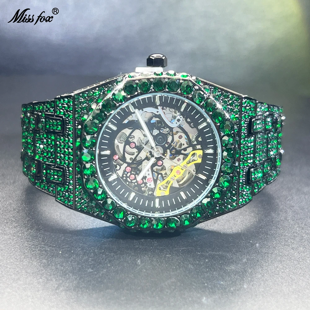 

Luxury Men Automatic Wristwatch Top Brand Mechanical Skeleton Original Green Diamond Watches Waterproof Clock Relogio Masculin