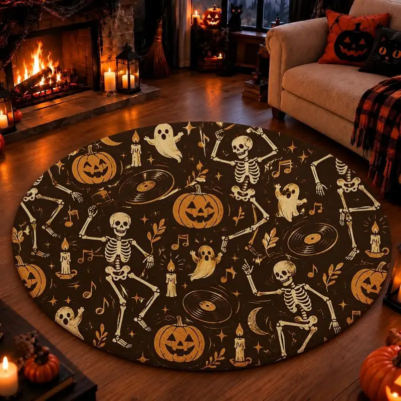 Halloween Round Rug for Living Room, Vintage Cartoon Skull Pumpkin Ghost Design, Velvet Soft Mat, Cozy Ambiance for Bedroom Study Dorm, Festive Fun Home Decor