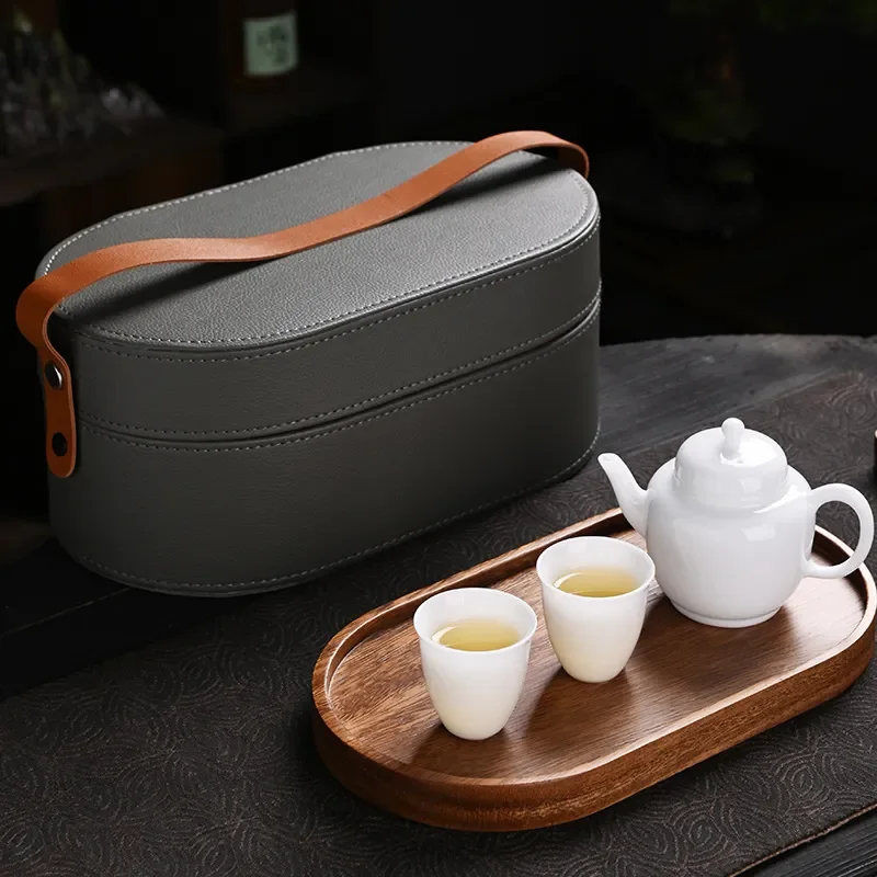 Ice Jade Porcelain Travel Tea Set One Pot Two Cups With Tea Tray Portable Outdoor Light Luxury Business Gifts
