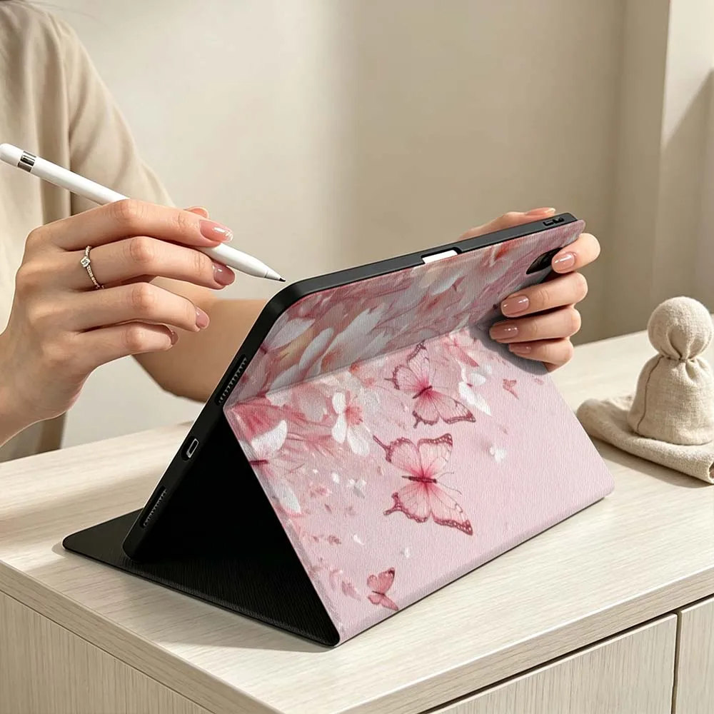 Pink Butterfly Floral Print Soft Pen Tray Tablet Case For iPad Pro Air mini 7 6 5 4 3 2 1 M5 M4 M3 11th 10th A17 Pro A16 A14
