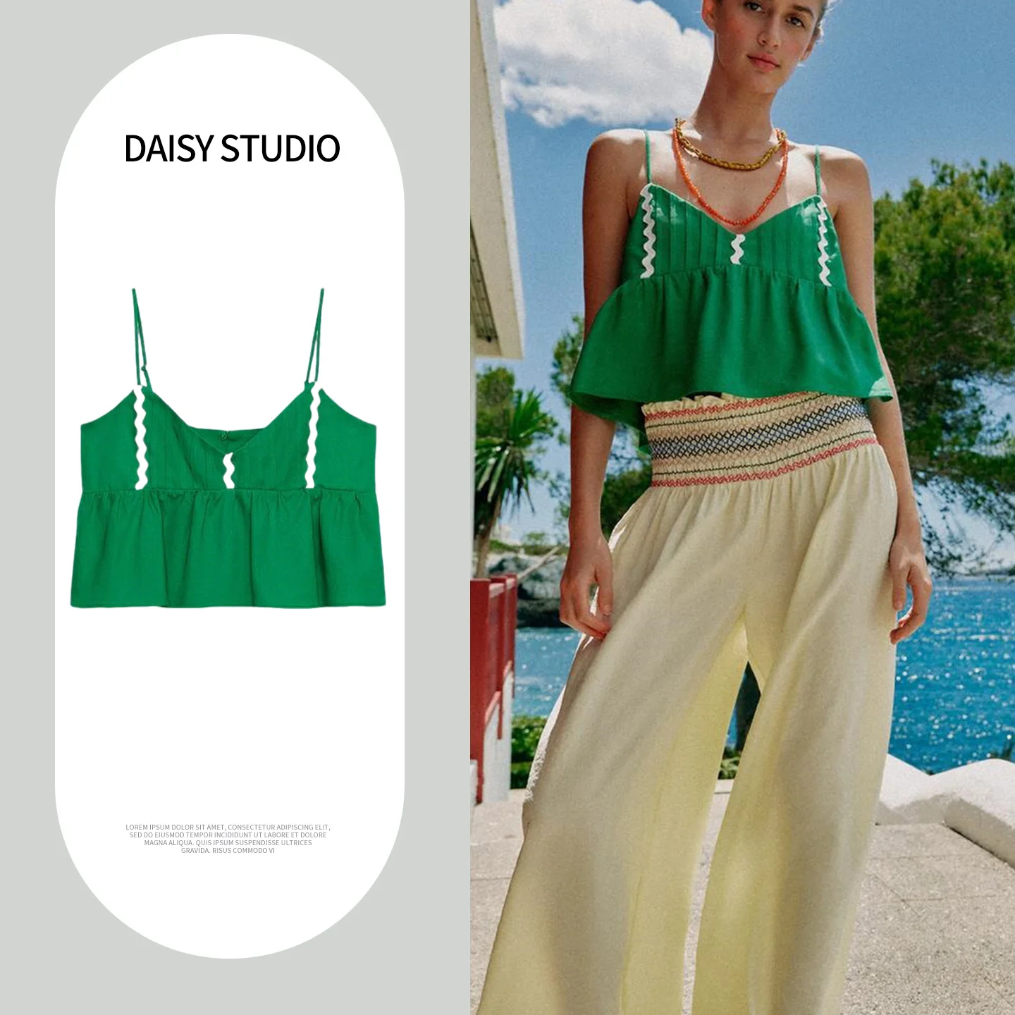 Novo Top Curto Feminino de Verão Estilo Casual com Decote V, Bainha em A, Alça Plissada, Fibra de Poliéster, Comprimento Curt...