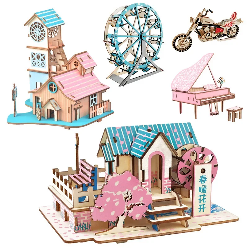 3D Wooden Puzzle Jigsaw House Villa Architectural Models DIY Assembled Combination Kids Handmade Craft Puzzle Decoration Games