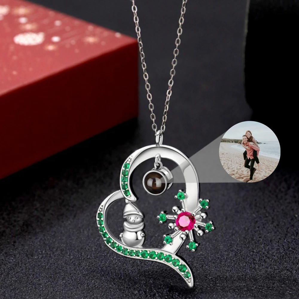 

Snowman Heart Pendant Custom Photo Necklace for Women Projection Photo Christmas Gift Copper Material Jewelry