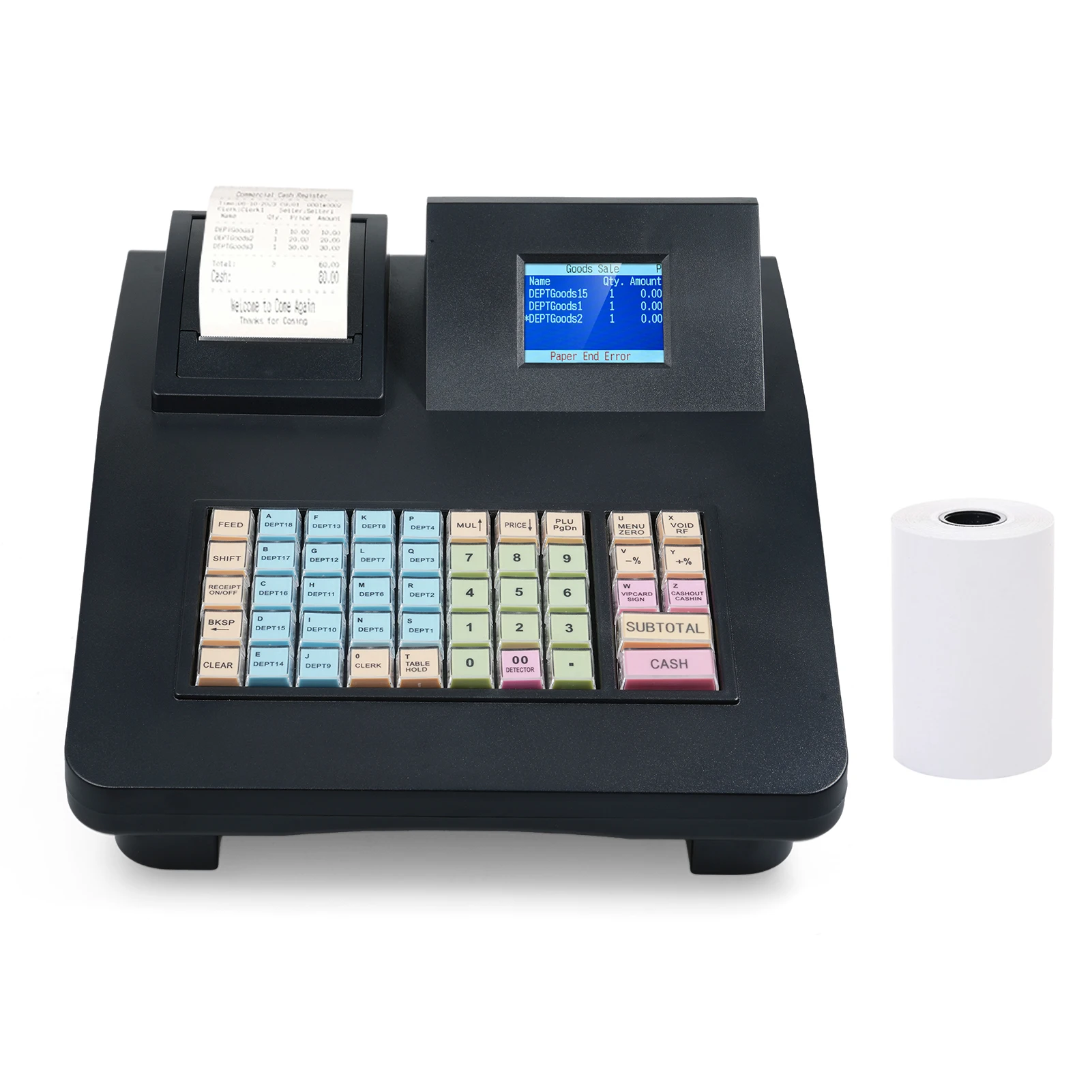 The electronic cash register features a 48-key RS232 USB port, a 2.8-inch display, and a 58mm thermal printer