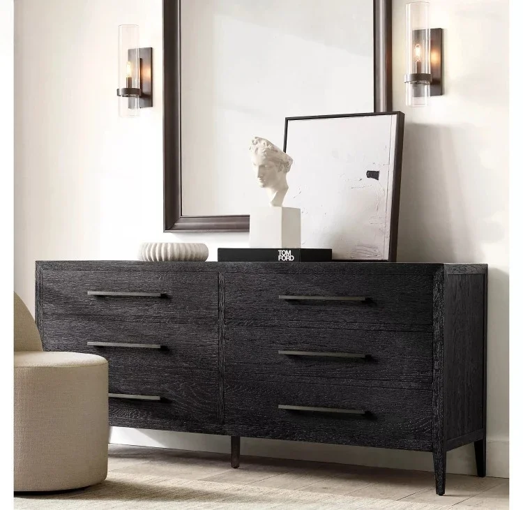 Solid wood chest, American country antique oak gray chest of drawers, six chest of drawers, living room and bedroom storage