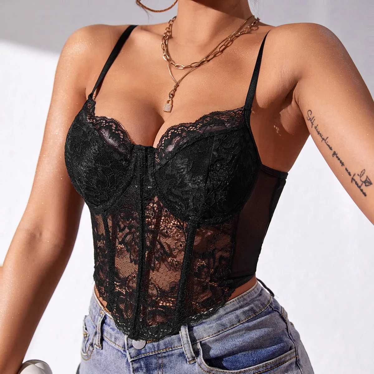 Sexy Lace Steel Ring Corset Mujer Fashion 2023 Women Lace Crop Cami Tops Sleeveless Spaghetti Strap Solid Color Corset Camisole