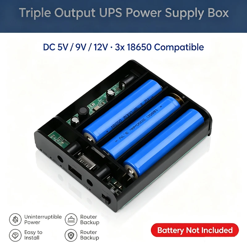 【Without Battery】 DC 12 3x 18650 Lithium Battery Solderless UPS DIY Power Bank Box for Router Cellphone Tablet Modem CCTV Camera