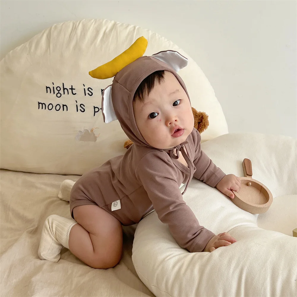 2024 Spring Newborn Cute Monkey Long Sleeve Romper Girl Cotton Infant Print Jumpsuit+Banana Cap 2pcs Boy Toddler Onesie Clothes