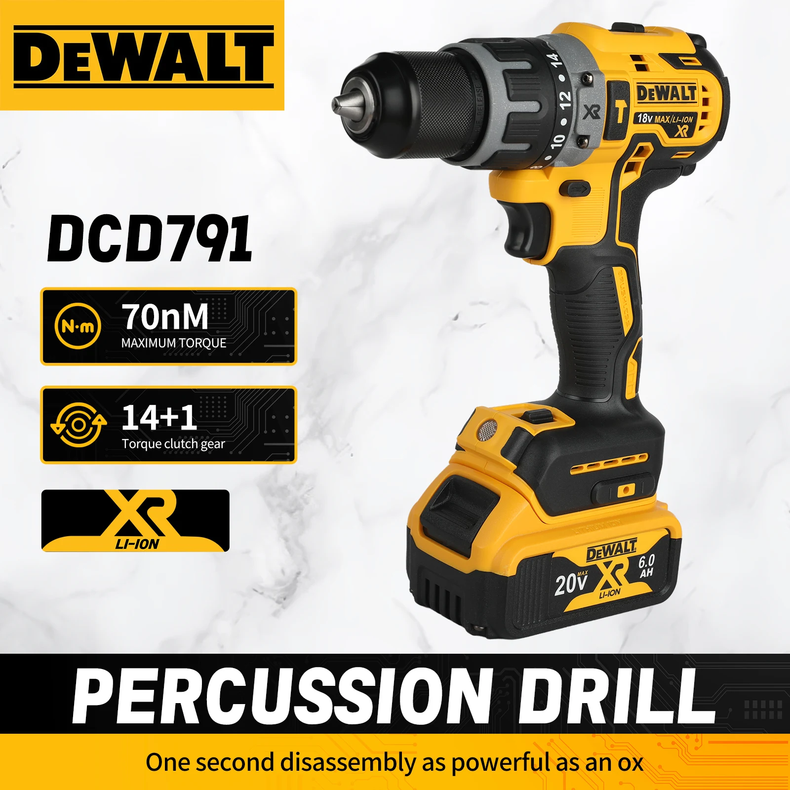 

Аккумуляторная ударная дрель-шуруповерт DeWalt DCD791 20В, бесщеточная, крутящий момент 70 Н·м, 14+1 режим, 2 скорости, для профессиональных работ по сверлению и закручиванию шурупов