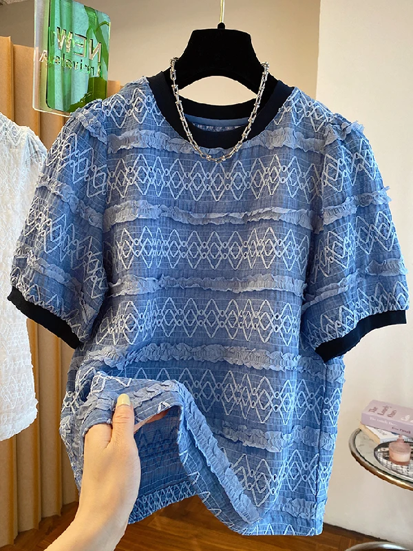 Camiseta de manga corta con malla y mangas abullonadas a la moda para mujer, talla grande, estilo europeo, tienda online