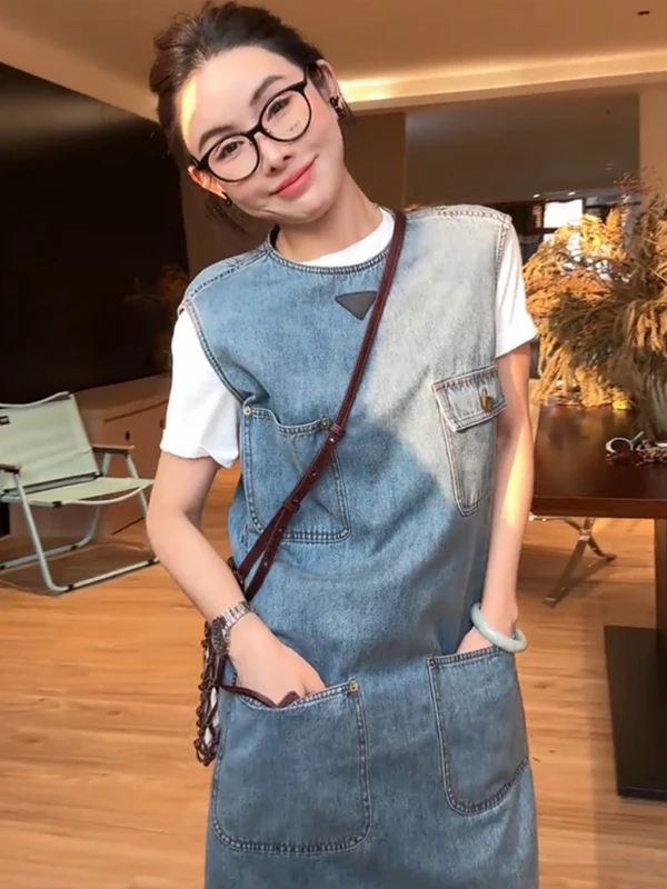 

Женская джинсовая юбка миди А-силуэта с круглым вырезом, синяя, больших размеров (до 300 фунтов), повседневная, летняя, с высокой талией, в корейском стиле