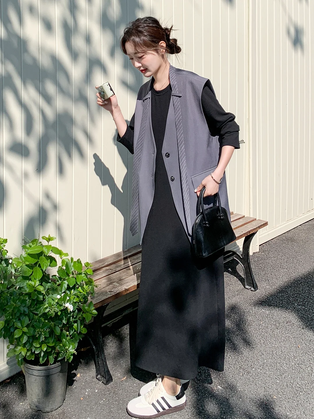 

Women's Spring Autumn Suit Vest Set High Waist Short Length Striped Chic Outfit Breathable Long Sleeve round Neck Two Pieces