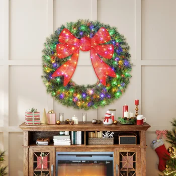 HOMCOM 48in Flocked Pre-Lit Artificial Christmas Wreath with 3D Red Bow 2