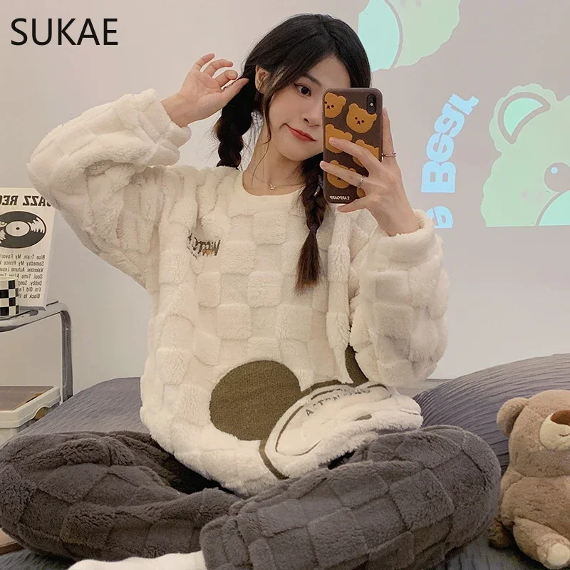 SUKAE Super Thick Chinese Velvet Women Pajamas Set Female Chic Sleepwear Korean Girl Pyjama Teddy Loungewear Lady Thermal Pijama