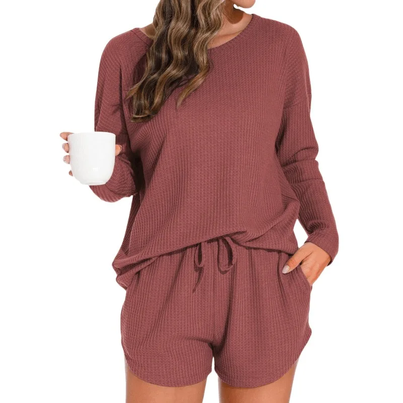 

2pcs Set Women's Knit Pajamas Set Long Sleeve Top and Shorts Casual Loungewear Sleepwear Set Suitable for Going Out