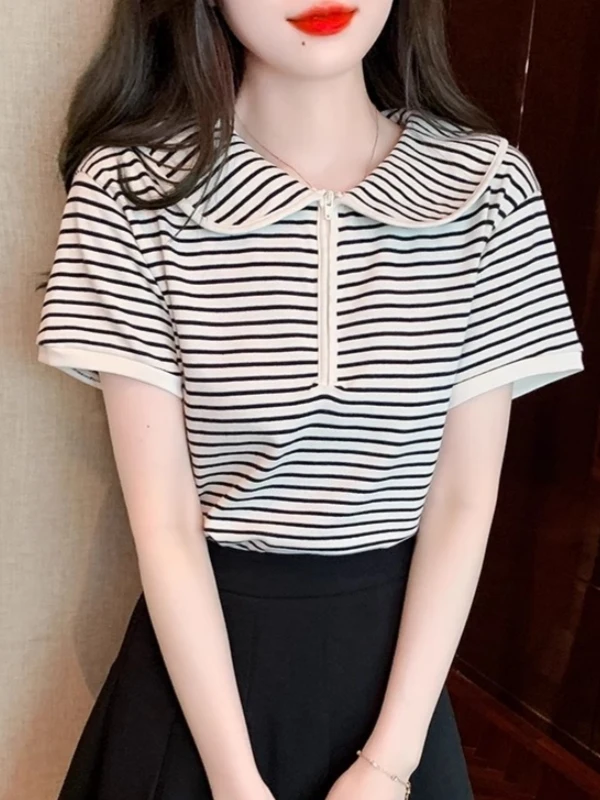 

Summer New Style Women's Short Sleeve Striped T-Shirt Doll Collar Zipper Shirt Korean Version Straight Cut Large Size Tee