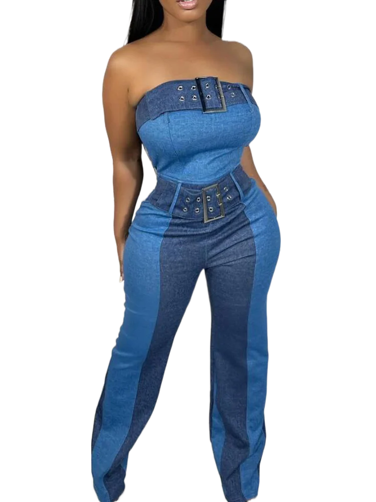 

Women Sexy Denim Patchwork Bandeau Buckled Eyelet Decor Jumpsuit