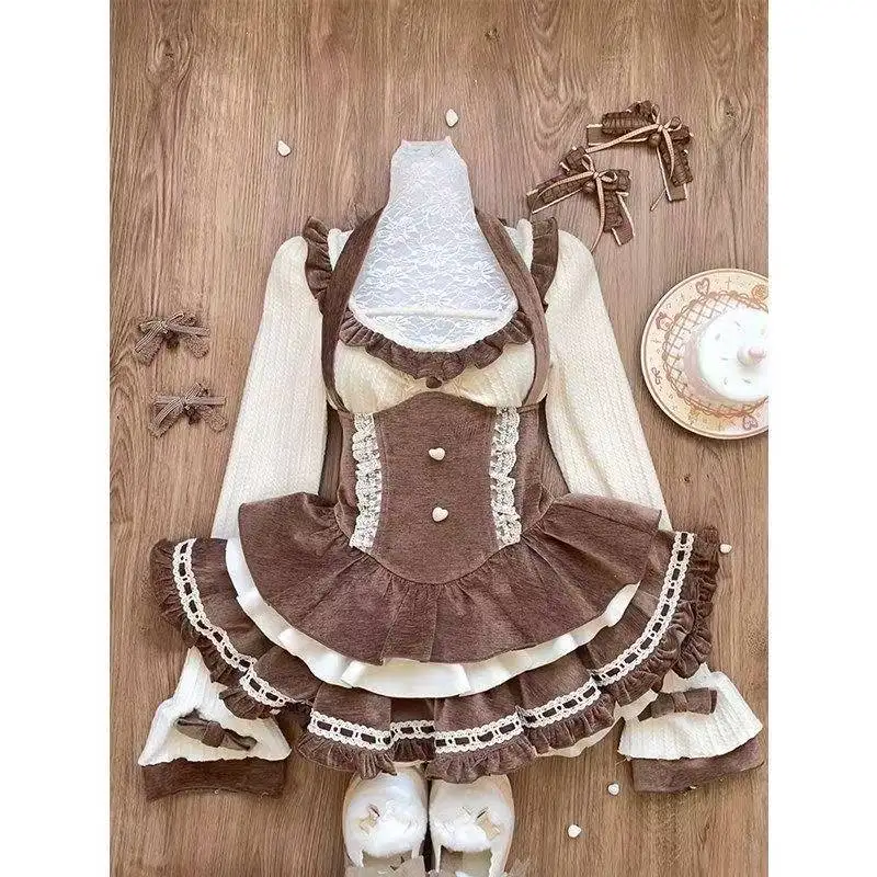 Autumn Winter Sweet Japanese Bow 2 Piece Set Women Long Sleeve Kawaii Slim Tops High Waist Lace Y2k Mini Dress Lolita Suit
