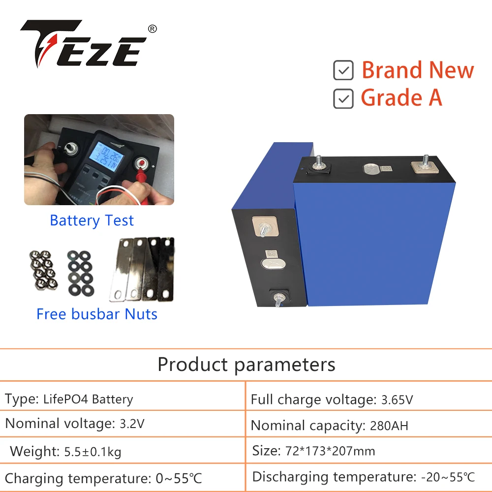 TEZE Brand New 3.2V 280Ah LiFePO4 Battery Rechargeable Cell  Grade A Free Busbar for 12V 24V Camping Golf Carts Boat