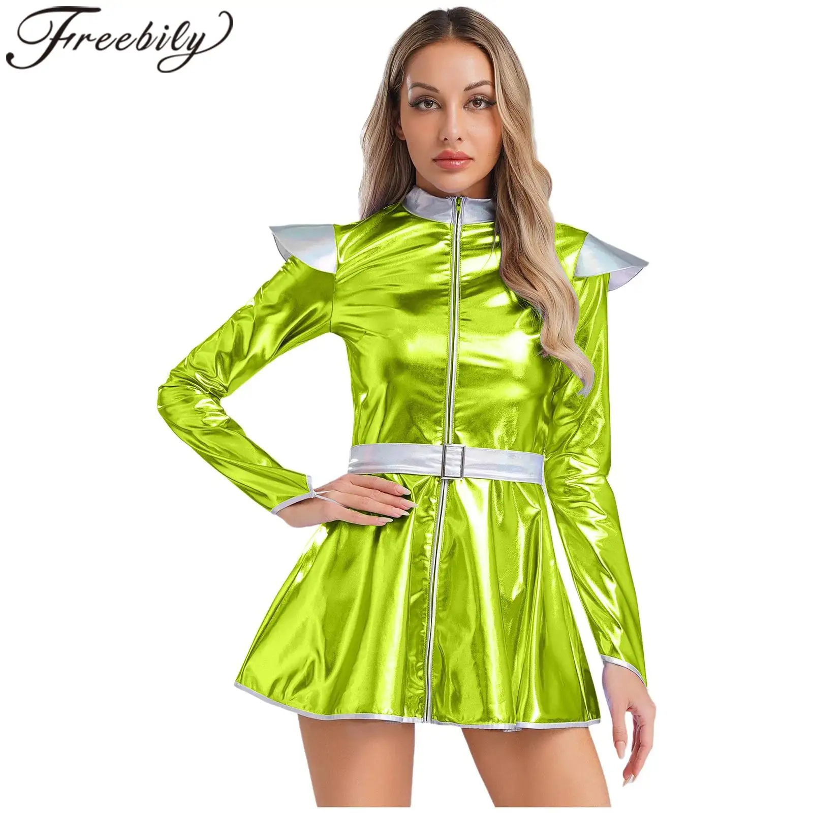 

Women Robot Alien Costume Halloween Dress Astronaut Outer Space Fancy Dress Metallic Shiny Carnival Party Warrior Cosplay Outfit
