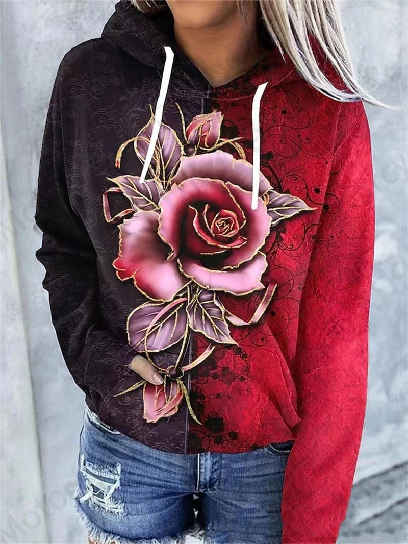 Rose Floral 3d Print Hoodie Women Fashion Oversized Hoodies Women Sweats Flower Coat Sweatshirt With Pocket Pullovers Sudaderas