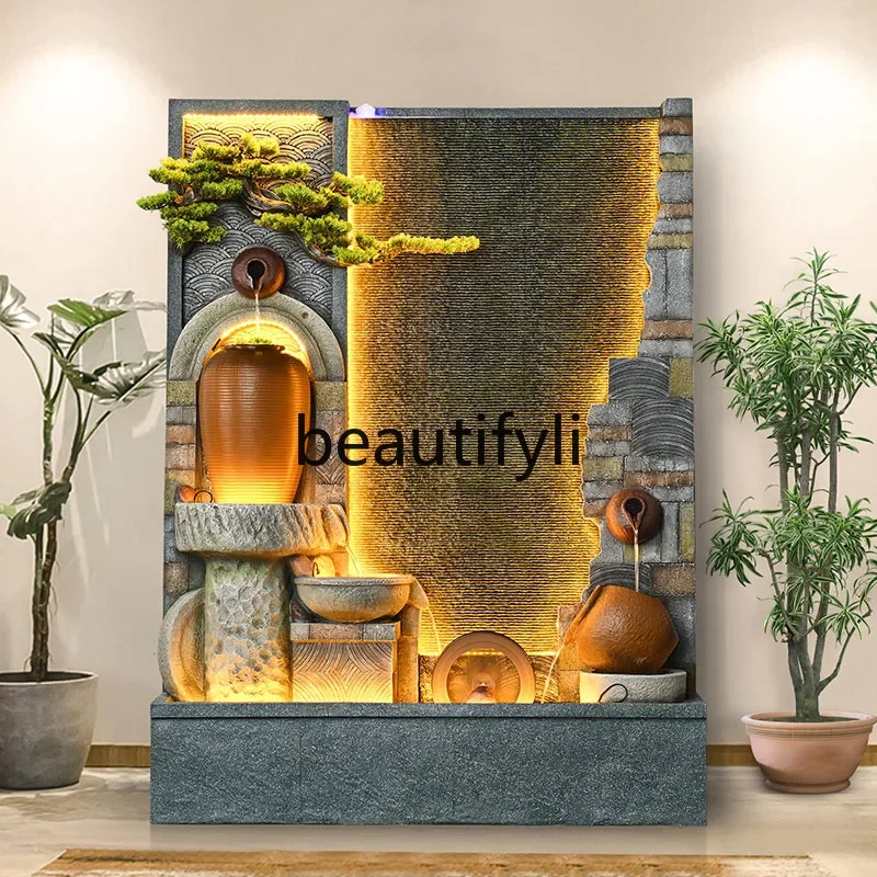 

11zWater curtain wall fountain rockery flowing water ornament circulating water living room entrance floor water landscape