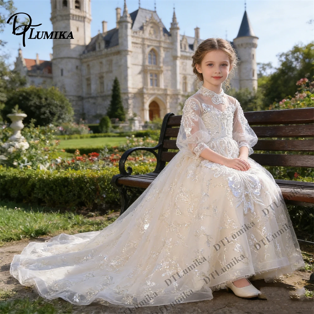 Girls’ Ivory Lace & Sequin Flower Girl Dress – High Neck, Sheer Sleeves & Long Train – Princess Gown for Wedding, Birthday Party