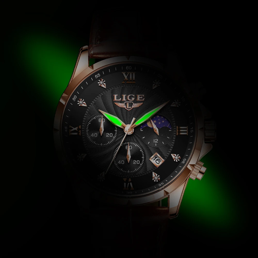 LIGE Men's Watch Luxury Business Luminous Waterproof Leather Watches Moon Phase Week Date Casual Quartz Watch Men Reloj Hombre