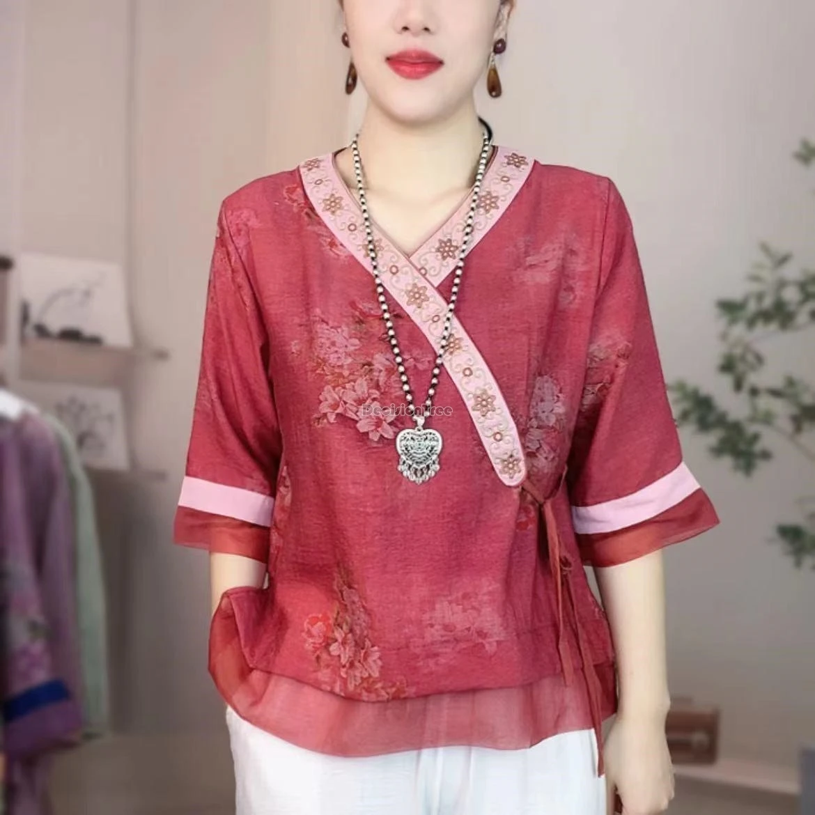 

2026 summer chinese national style retro cross collar half sleeve yarn cheongsam blouse for women loose daily tang suit shirt