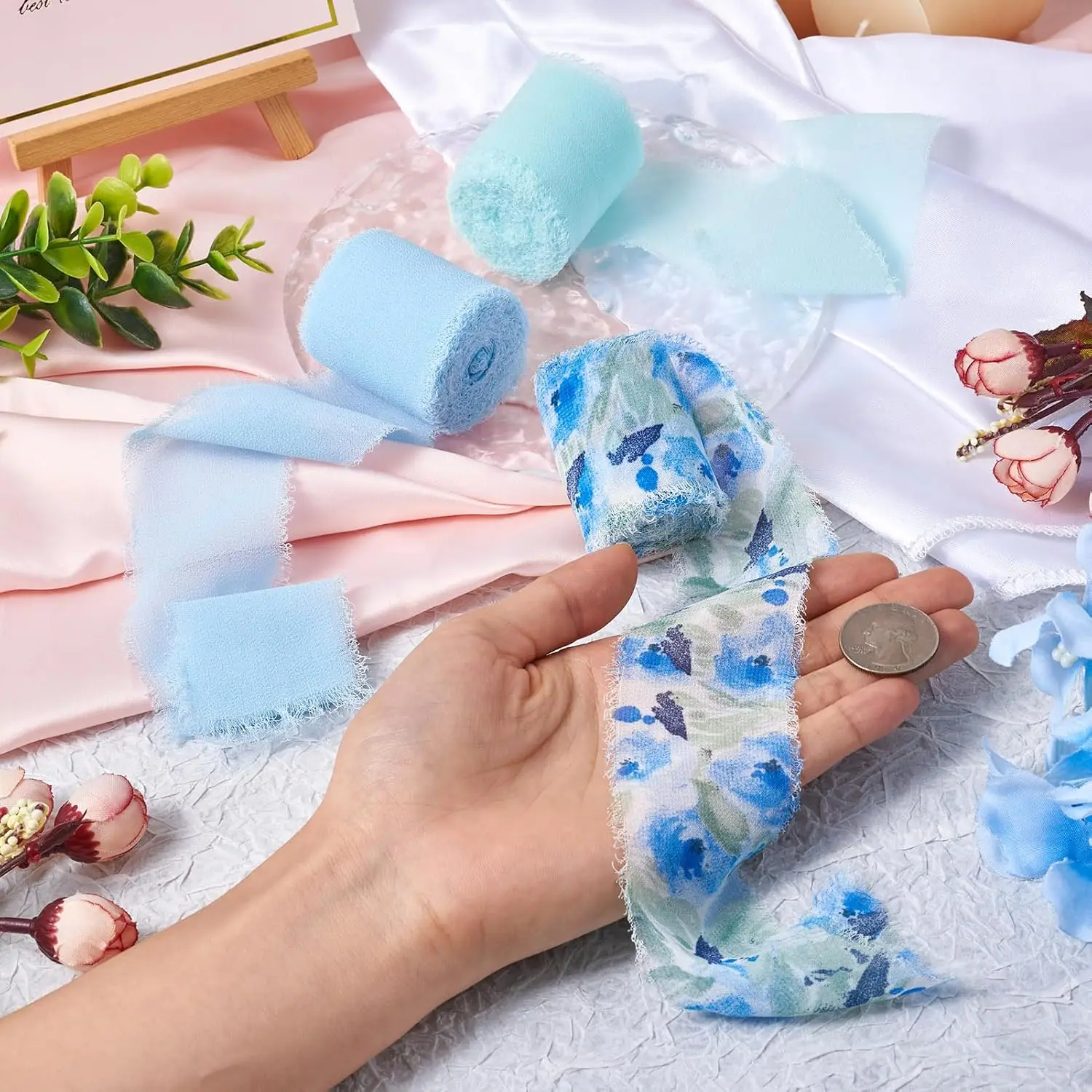 Mischen Sie 3 Rollen, 5 m, bedruckte Blumen, ausgefranstem Satin, handgefertigtes Chiffonband für Hochzeitseinladung, Blumenstrauß, Geburtsparty, DIY, Dezember, Geschenk – Detail 8