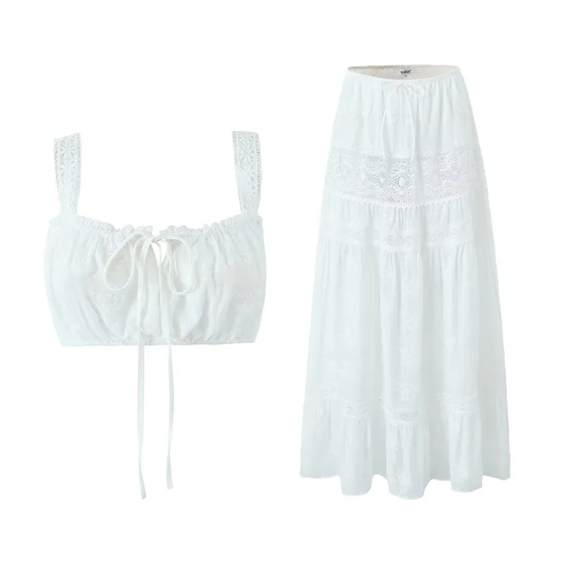 Лидер продаж, новый праздничный комплект из двух предметов с юбкой, французский кружевной короткий топ с лямкой на шее и высокой талией, комплект юбки с поясом, женское платье длиной до пола