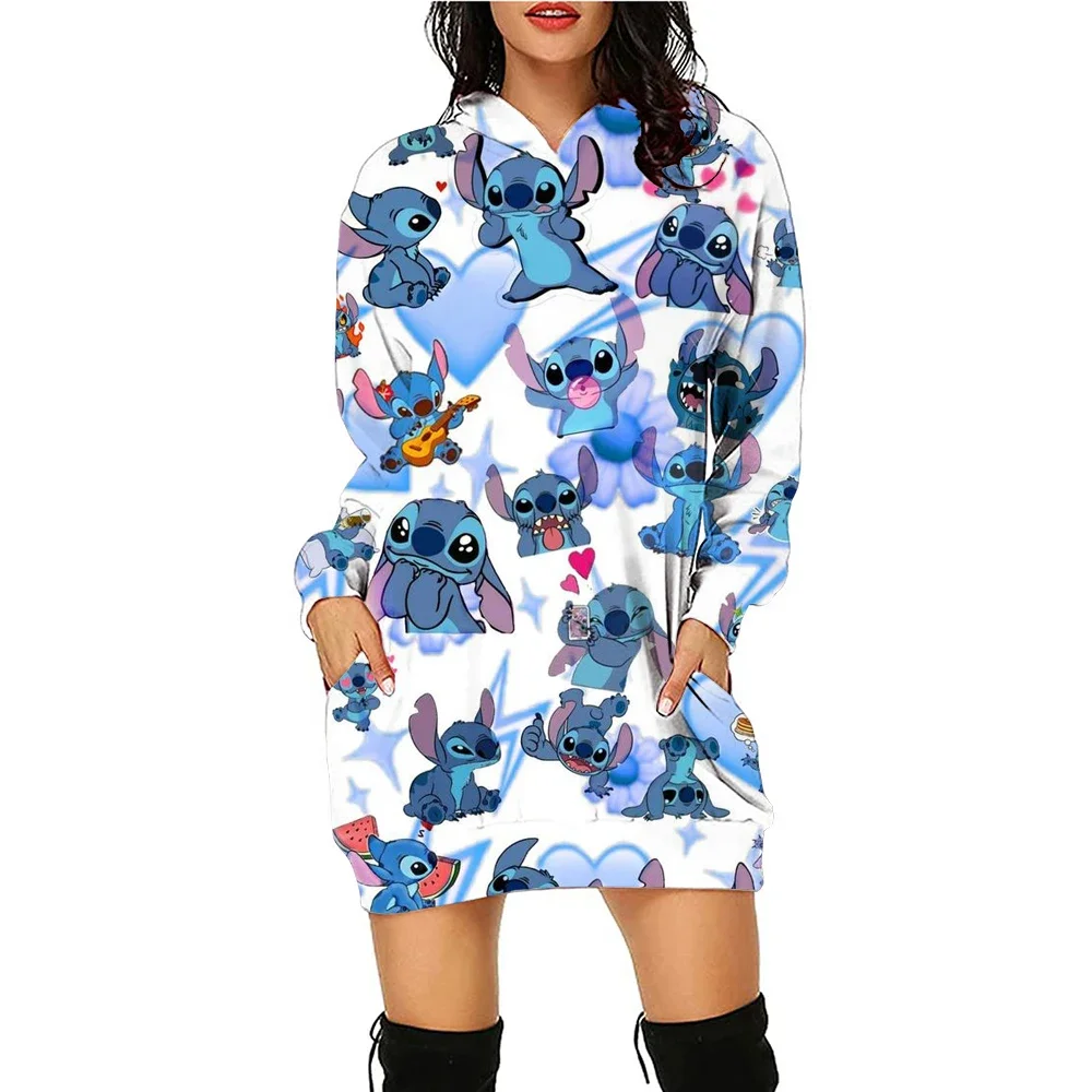 New Women's Hoodie Dress Sports Pullover Dress Fashion Printed Disney Stitch Long Sleeve Slim Fit Pocket Hoodie Dress S-3XL